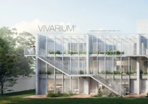 Una representación del edificio del proyecto Vivarium con una escalera que conduce a él